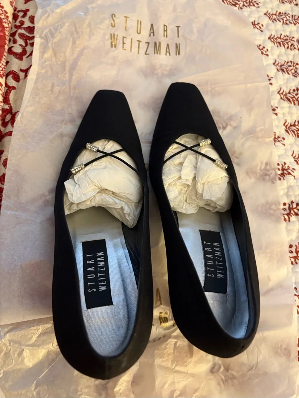 Stuart Weitzman Black Silk Crepe Pumps with Crystal-Strap Detail Size 9W